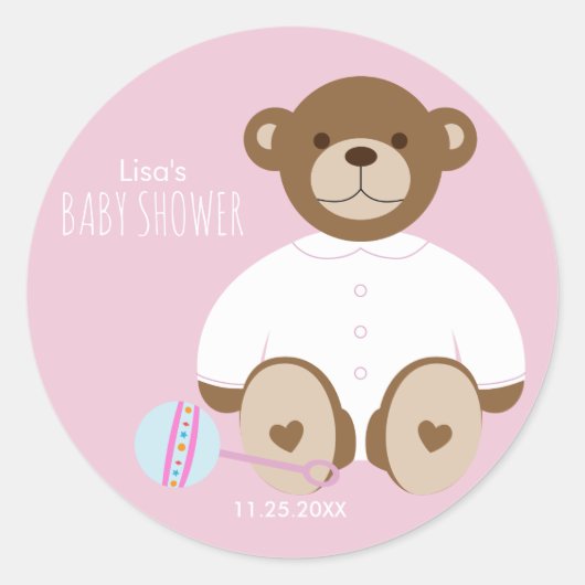 Teddy Bear Baby shower Sticker, roze achtergrond Ronde Sticker (Voorkant)
