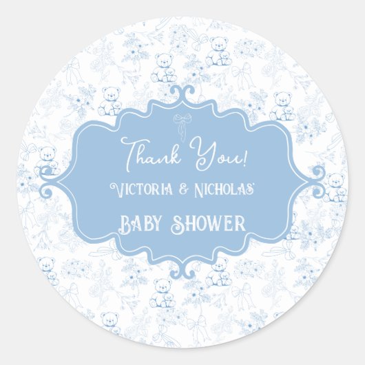 Teddy Bear Baby shower Toile Blue Bedankt Ronde Sticker (Voorkant)