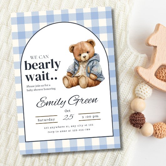 Teddy Bear Baby shower Uitnodigen, Blue Gingham Ba