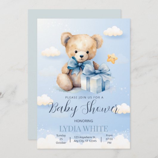 Teddy Bear Baby shower Uitnodiging kan nauwelijks (Voorkant / Achterkant)