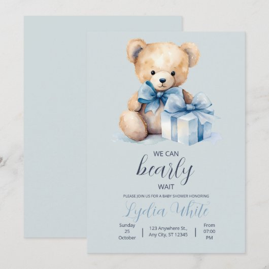 Teddy Bear Baby shower Uitnodiging kan nauwelijks  (Voorkant / Achterkant)