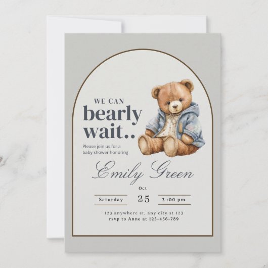 Teddy Bear Baby shower uitnodiging, kan nauwelijks Kaart (Voorkant)