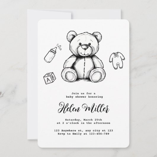 Teddy Bear Baby shower Uitnodiging, Minimalistisch Kaart (Voorkant)