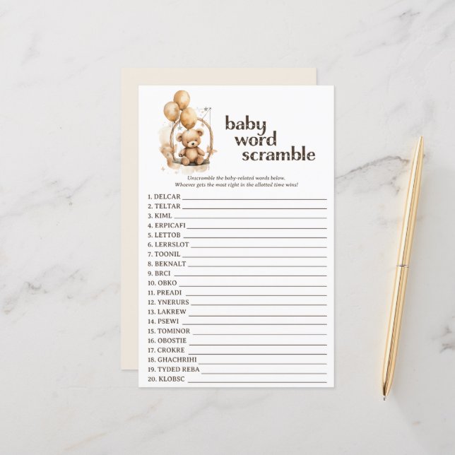 Teddy Bear Baby shower Word Scramble spel (Voorkant / Achterkant in situ)