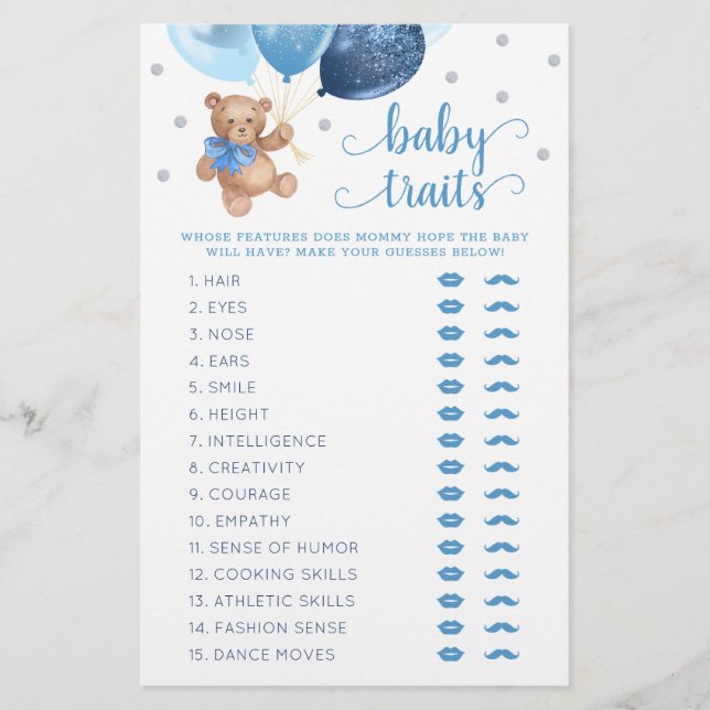 Teddy Bear Baby Traits Game Baby shower (Voorkant)