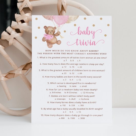 Teddy Bear Baby Trivia Baby shower Game Kaart