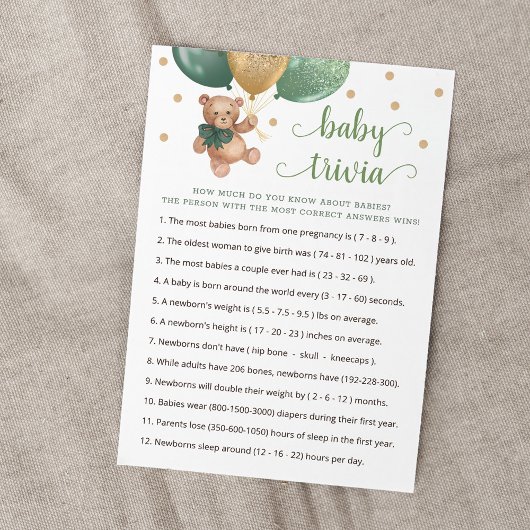 Teddy Bear Baby Trivia Baby shower Game Kaart