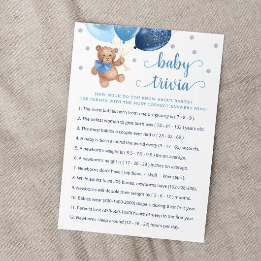 Teddy Bear Baby Trivia Baby shower Game Kaart