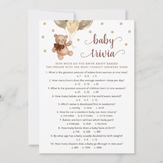 Teddy Bear Baby Trivia Baby shower Game Kaart (Voorkant)