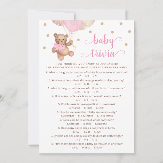 Teddy Bear Baby Trivia Baby shower Game Kaart (Voorkant)