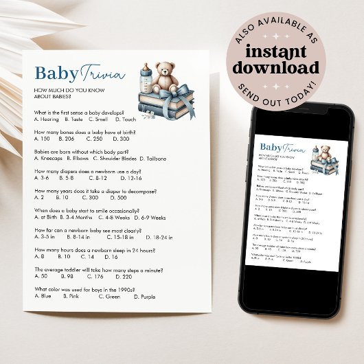 Teddy Bear Baby Trivia Boy Baby shower Game Kaart