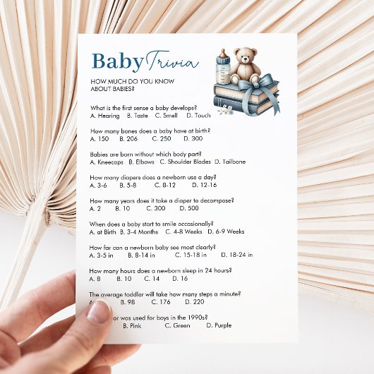 Teddy Bear Baby Trivia Boy Baby shower Game Kaart