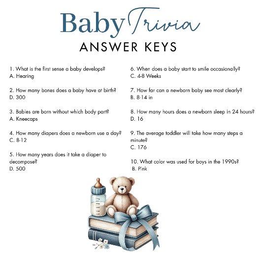 Teddy Bear Baby Trivia Boy Baby shower Game Kaart