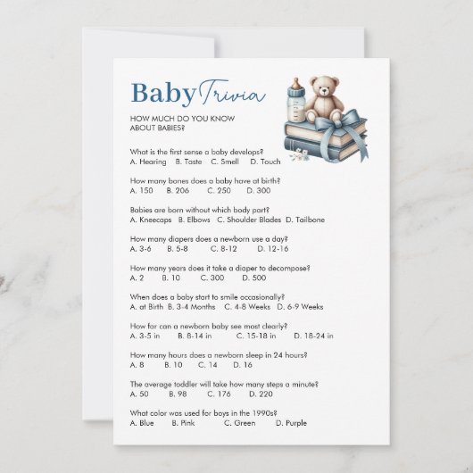Teddy Bear Baby Trivia Boy Baby shower Game Kaart (Voorkant)