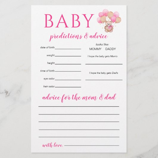 Teddy Bear Baby voorspellingen spel Flyer (Voorkant)