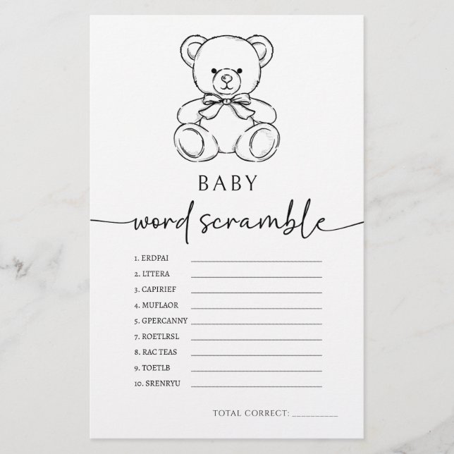 Teddy Bear Baby Word Scramble Boy Shower spel (Voorkant)