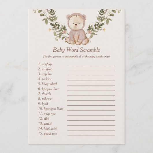 Teddy Bear Baby Word Scramble Game Sjabloon Kaart (Voorkant)