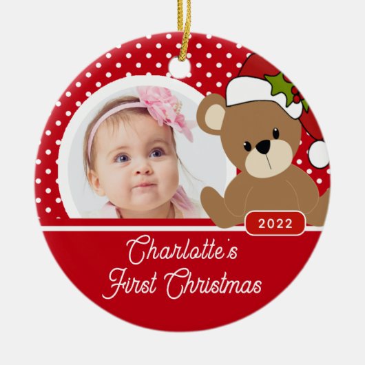 Teddy Bear Baby's eerste kerstfoto Keramisch Ornament (Voorkant)
