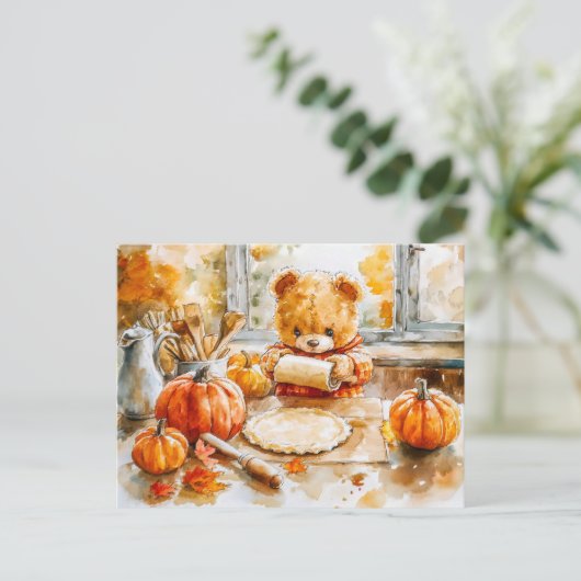 Teddy Bear Baking a Pumpkin Pie Briefkaart (Staand voorkant)
