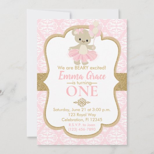 Teddy Bear Ballerina First Birthday Kaart (Voorkant)