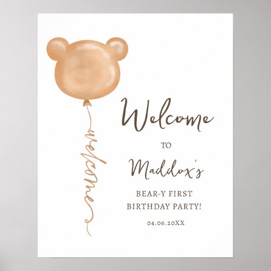Teddy Bear ballon Beer Eerste Verjaardag Welkom Poster (Voorkant)