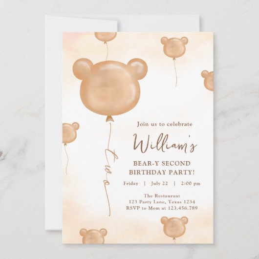 Teddy Bear ballon Beer Tweede Verjaardagsfeestje Kaart (Voorkant)