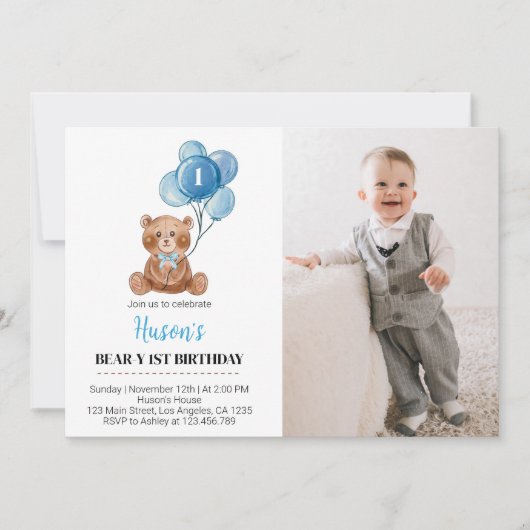 Teddy Bear Ballon Verjaardag Uitnodiging Blue Bear (Voorkant)