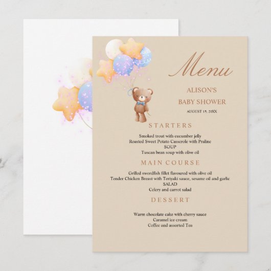 Teddy Bear Ballonnen Baby Shower Menu (Voorkant / Achterkant)