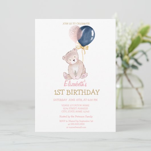 Teddy Bear-ballonnen gestreept op Birthday Kaart (Staand voorkant)