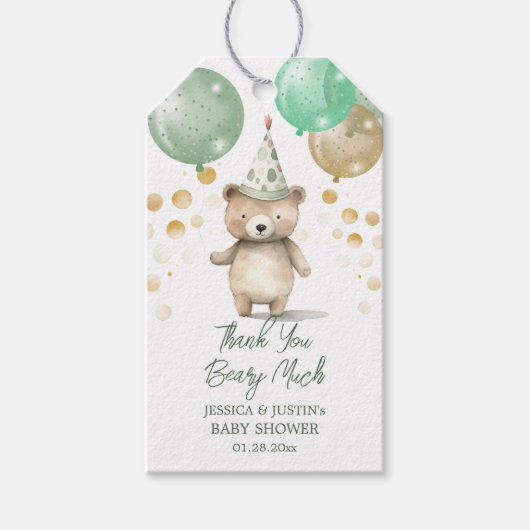 Teddy Bear Ballonnen Groen Goud Baby shower Cadeaulabel (Voorkant)