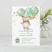 Teddy Bear Ballonnen Groen Goud Baby shower Kaart (Staand voorkant)