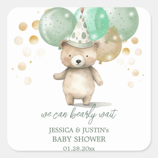 Teddy Bear Ballonnen Groen Goud Baby shower Vierkante Sticker (Voorkant)