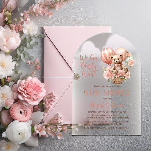 Teddy Bear Ballonnen Meisje Virtual Baby shower Acryl Uitnodigingen