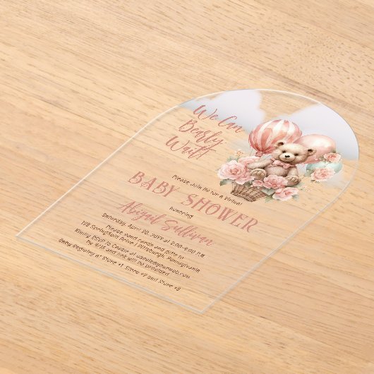 Teddy Bear Ballonnen Meisje Virtual Baby shower Acryl Uitnodigingen (Laagn)