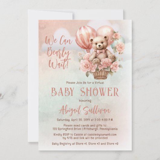 Teddy Bear Ballonnen Meisje Virtual Baby shower Kaart (Voorkant)