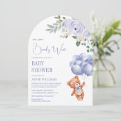 Teddy Bear Ballonnen Paarse Bloemenboog Baby showe Kaart (Staand voorkant)