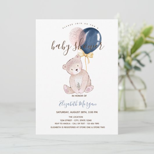 Teddy Bear-ballonnen Roze gestreept Baby shower Kaart (Staand voorkant)