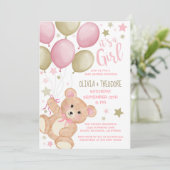 Teddy Bear-ballonnen roze gouden Baby shower in Kaart (Staand voorkant)