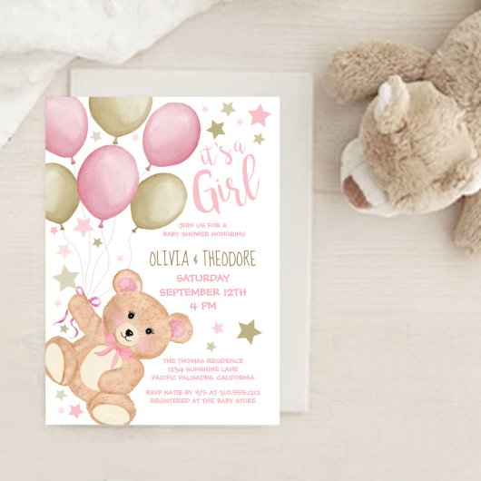 Teddy Bear-ballonnen roze gouden Baby shower in Kaart