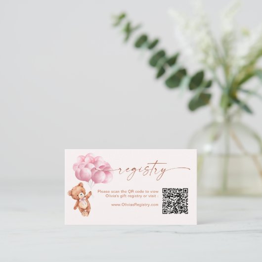 Teddy Bear Ballonnen Roze QR Code Registry Informatiekaartje (Staand voorkant)