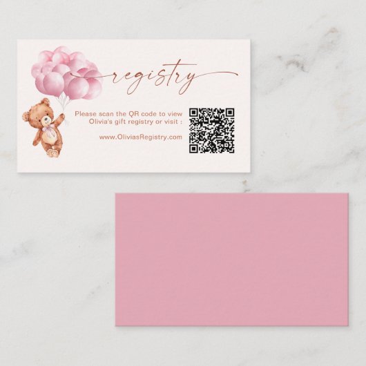Teddy Bear Ballonnen Roze QR Code Registry Informatiekaartje (Voorkant / Achterkant)