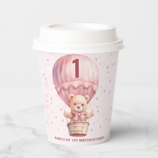 Teddy Bear Ballonnen Roze Verjaardag Papieren Cups Papieren Bekers (Voorkant)
