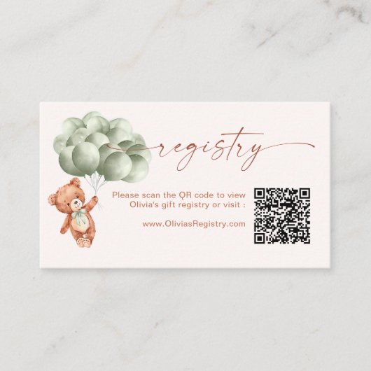 Teddy Bear Ballonnen Sage Green QR Code Registry Informatiekaartje (Voorkant)