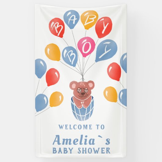 Teddy Bear Balloon Baby Boy Baby shower Backdrop Spandoek (Verticaal)