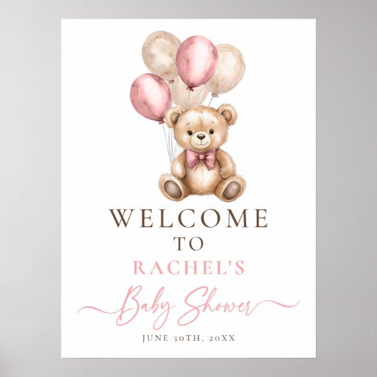 Teddy Bear Balloon Baby Meisje Douche Welkom Poste Poster (Voorkant)