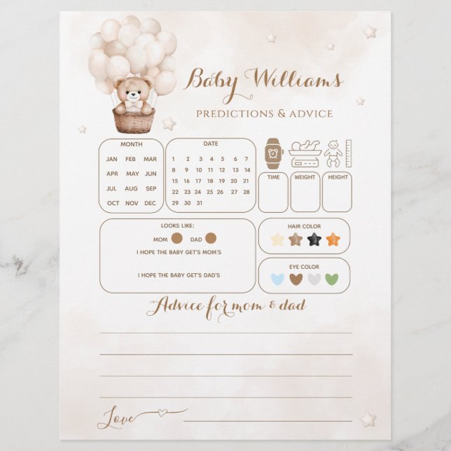 Teddy Bear Balloon Baby shower Guessing Game (Voorkant)