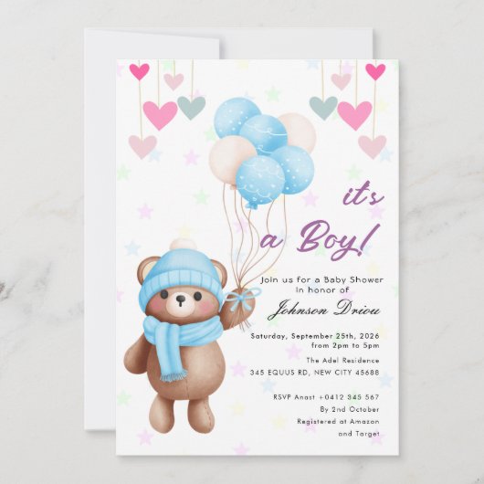 teddy bear balloon baby shower invitation kaart (Voorkant)