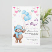teddy bear balloon baby shower invitation kaart (Staand voorkant)
