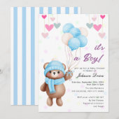 teddy bear balloon baby shower invitation kaart (Voorkant / Achterkant)