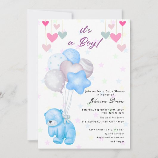 teddy bear balloon baby shower invitation kaart (Voorkant)